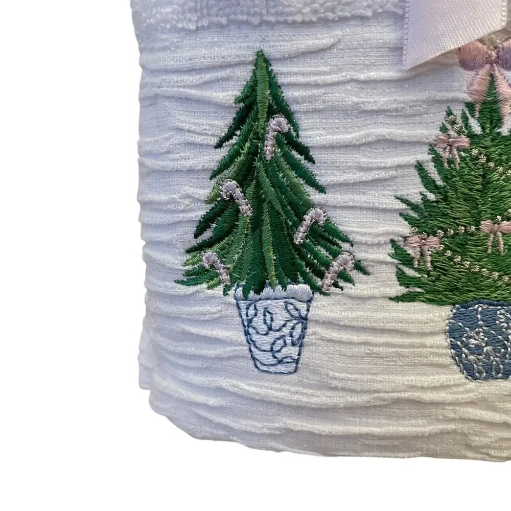 Christmas Hand Towels 2pc Embroidered Chinoiserie Christmas Trees Cotton NEW